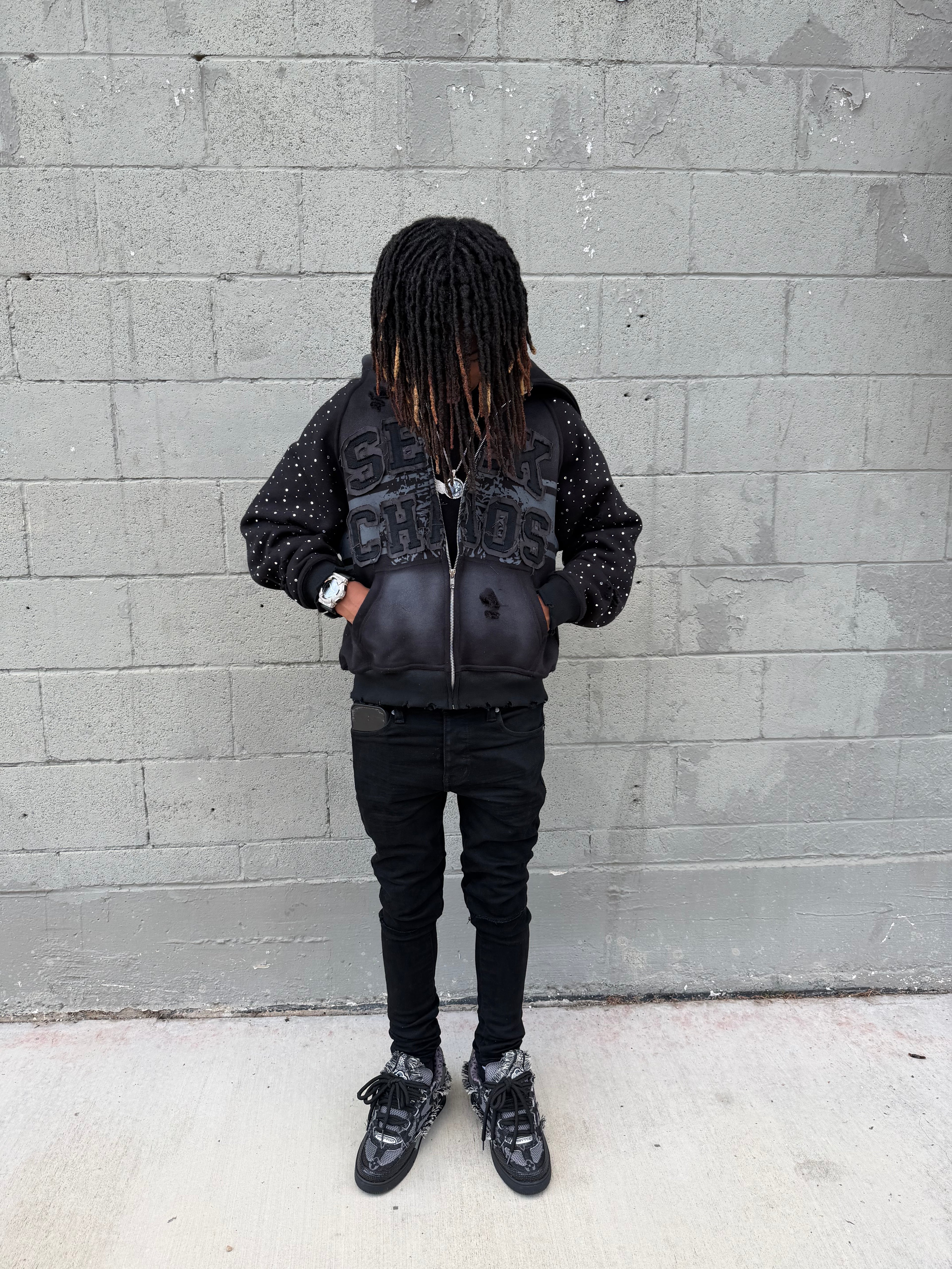 Charcoal “Revenge is chaos” zip-up